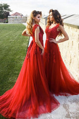 Burgundy v neck tulle lace long prom dress burgundy bridesmaid dress - RongMoon