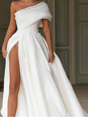 A-Line Wedding Dresses One Shoulder Sweep / Brush Train Chiffon Over Satin Short Sleeve Simple Modern with Split Front - RongMoon