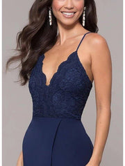 A-Line Elegant Prom Dress Spaghetti Strap Sleeveless Sweep / Brush Train Chiffon with Lace Insert Split Front - RongMoon