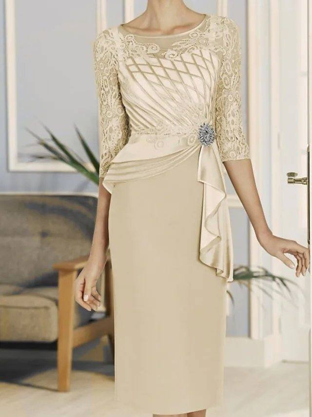 Sheath / Column Mother of the Bride Dress Elegant Jewel Neck Knee Length Lace Satin 3/4 Length Sleeve with Ruffles Embroidery - RongMoon