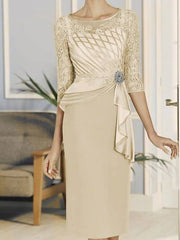 Sheath / Column Mother of the Bride Dress Elegant Jewel Neck Knee Length Lace Satin 3/4 Length Sleeve with Ruffles Embroidery - RongMoon