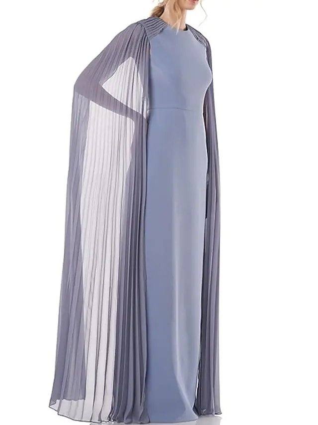 Sheath / Column Mother of the Bride Dress Elegant Jewel Neck Floor Length Chiffon Long Sleeve with Pleats - RongMoon