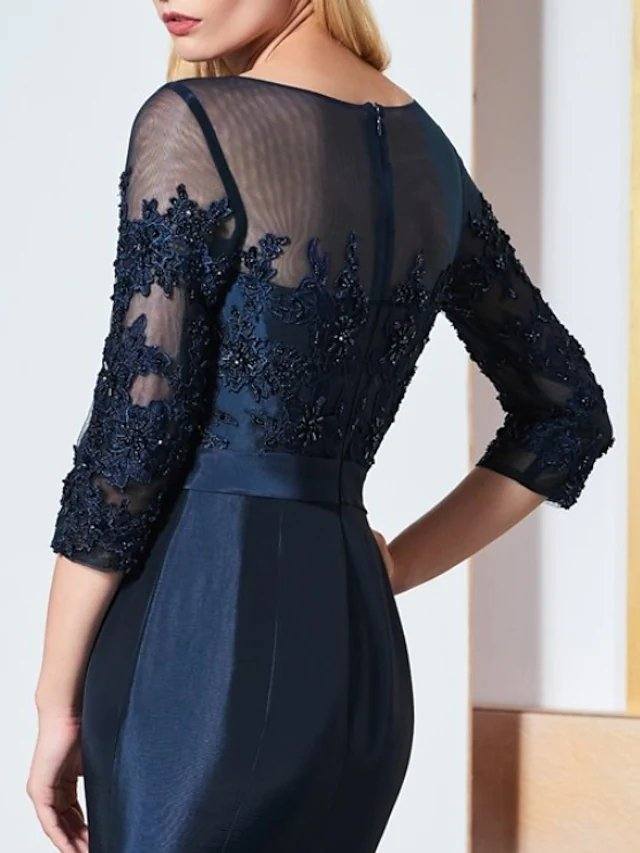 Mermaid / Trumpet Luxurious Elegant Engagement Formal Evening Dress Illusion Neck Half Sleeve Sweep / Brush Train Taffeta with Embroidery Appliques - RongMoon