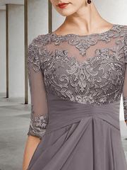 A-Line Mother of the Bride Dress Plus Size Elegant High Low V Neck Asymmetrical Ankle Length Chiffon Lace Half Sleeve - RongMoon