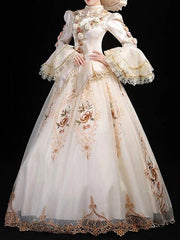Ball Gown Elegant Vintage Halloween Quinceanera Dress High Neck Long Sleeve Floor Length Satin with Lace Insert Appliques - RongMoon