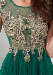 Tulle Jewel Detachable Shawl Green A-line Prom Dress