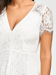 White Front Zippered Lace Panel Maxi Dress