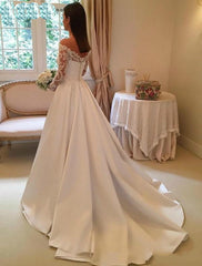 A-Line White Satin Off the Shoulder Long Sleeve Appliques Wedding Dress