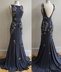Unique applique chiffon long prom dress, backless evening dress - RongMoon