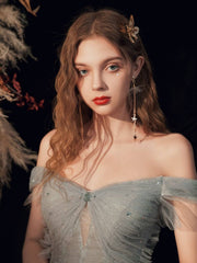 Gray  tulle off shoulder long prom dress, gray tulle formal dress - RongMoon