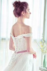 Lace Long Unique White Off The Shoulder Wedding Dress With Belt