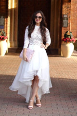 Organza High Low Two Piece Scoop Long Sleeve Lace Wedding Dress