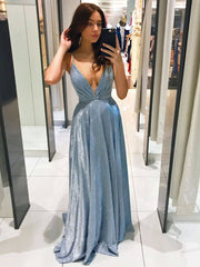 Simple blue satin long prom dress, blue evening dress - RongMoon