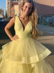 V Neck Sequins Fluffy Tulle Yellow Long Prom Dress