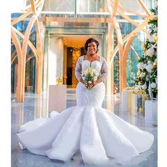 Long Sleeve Lace Appliques Mermaid Cheap Chapel Train Lace Wedding Dress