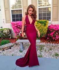 Simple Burgundy v neck mermaid long prom dress, evening dress - RongMoon