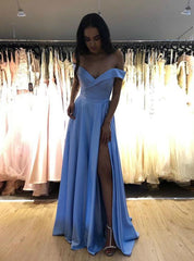 Dark Green Satin Off the Shoulder Prom Dress With Side Split