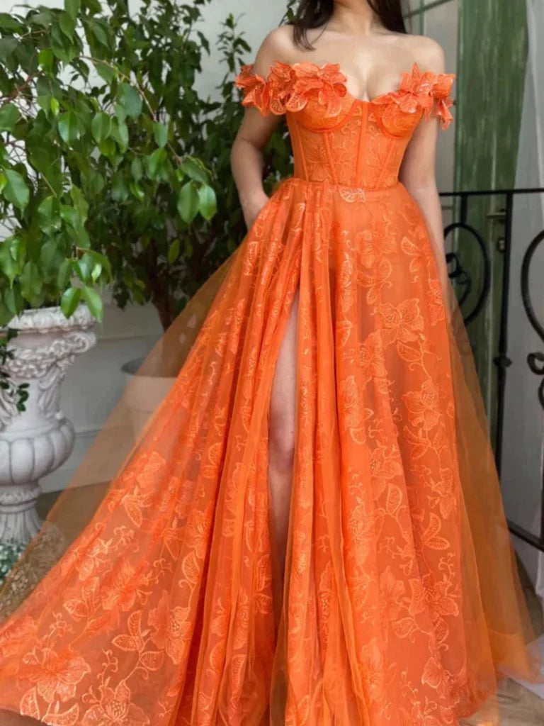 Off The Shoulder Orange Long Prom Dress With High Slit