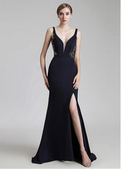 Crystal V-neck Neckline Mermaid Evening Dress With Beadings & Slit