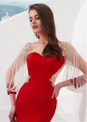 Satin Bateau Red Beading Long Sleeves Mermaid Evening Dress