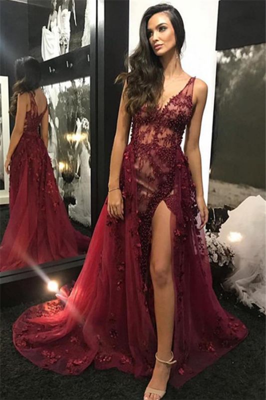 Tulle Burgundy V-Neck Lace Beading Side-Slit Detachable Prom Dress