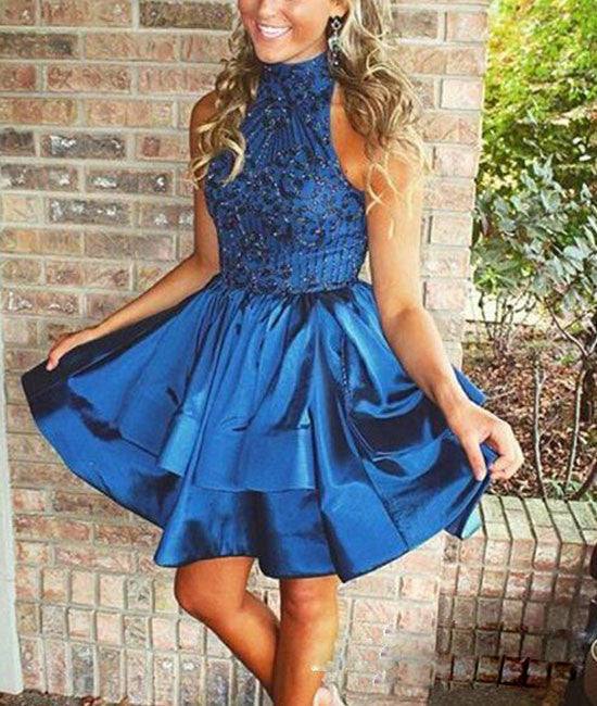 Blue high neck sequin beaded short prom dress, cute homecoming dress - RongMoon