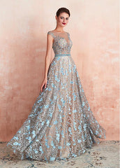 Lace Bateau Neckline A-line Evening Dresses With Beadings