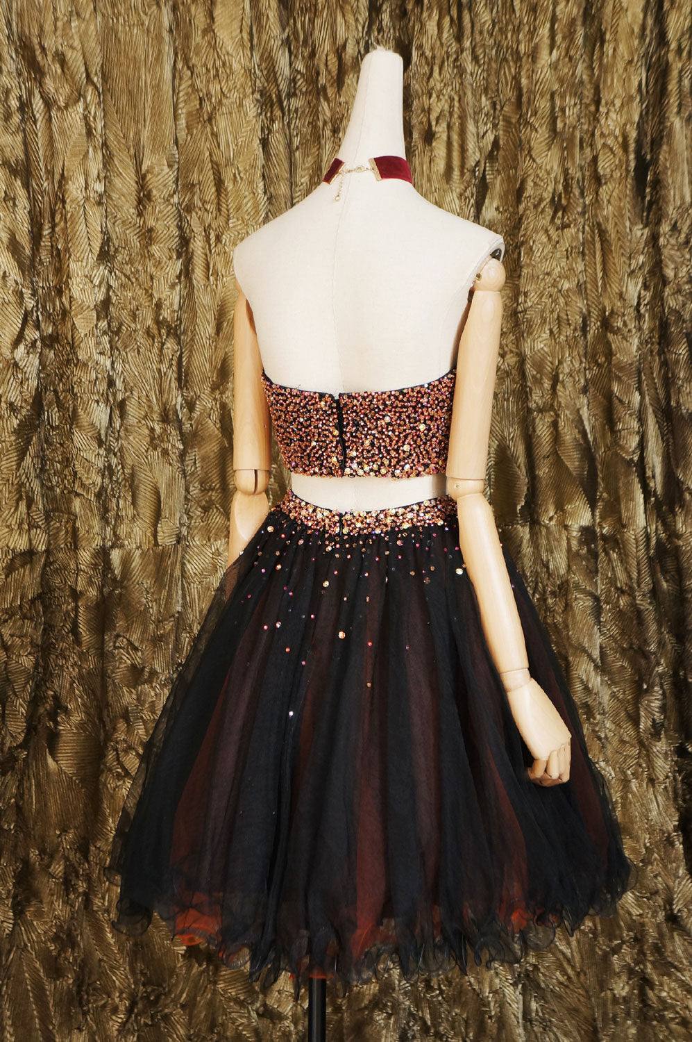 Black two pieces beads tulle short prom dress black homecoming dress - RongMoon