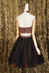 Black two pieces beads tulle short prom dress black homecoming dress - RongMoon