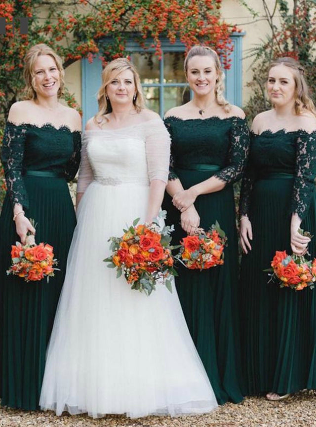 Dark Green Chiffon Off the Shoulder Long Sleeve Lace Bridesmaid Dress