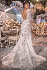 Lace Open Back See Through Long Sleeve V-neck Wedding Dress