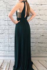 Dark Green Chiffon Beading Halter Pleats Backless Prom Dress