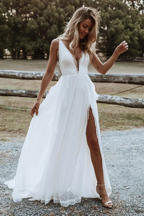 Appliques Floor Length Lace V Neck A Line Wedding Dress With Slit