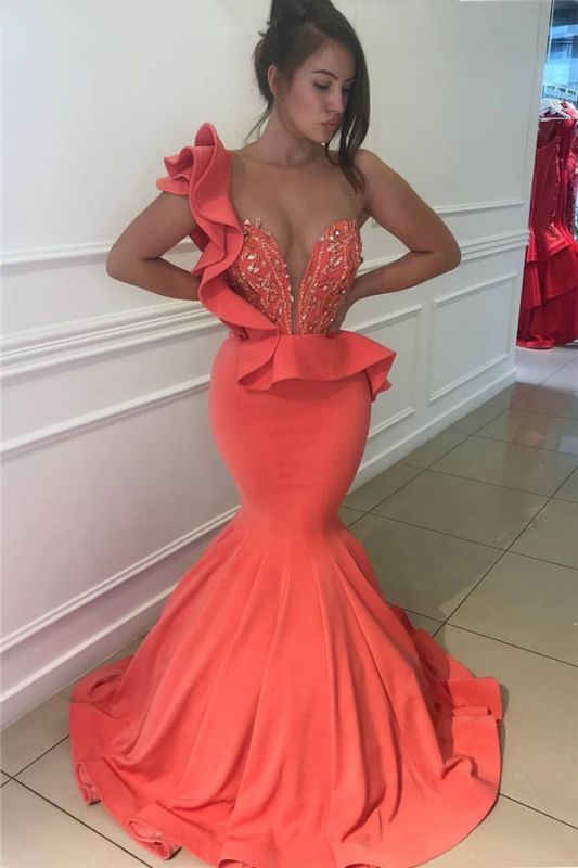 Sleeveless Long Sexy Orange One Shoulder Mermaid Prom Dress