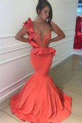 Sleeveless Long Sexy Orange One Shoulder Mermaid Prom Dress
