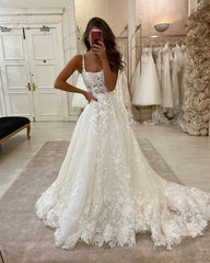 A-line Sweep Train Cheap Lace Appliques Spaghetti Straps Bridal Wedding Dress