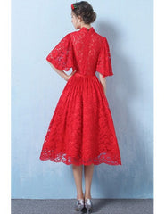 Half Sleeves A Line Tea Length High Neck Lace Wedding Dress With Belt
