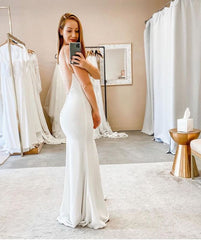 Spaghetti Straps Sheath Backless Floor Length V-neck Wedding Dress