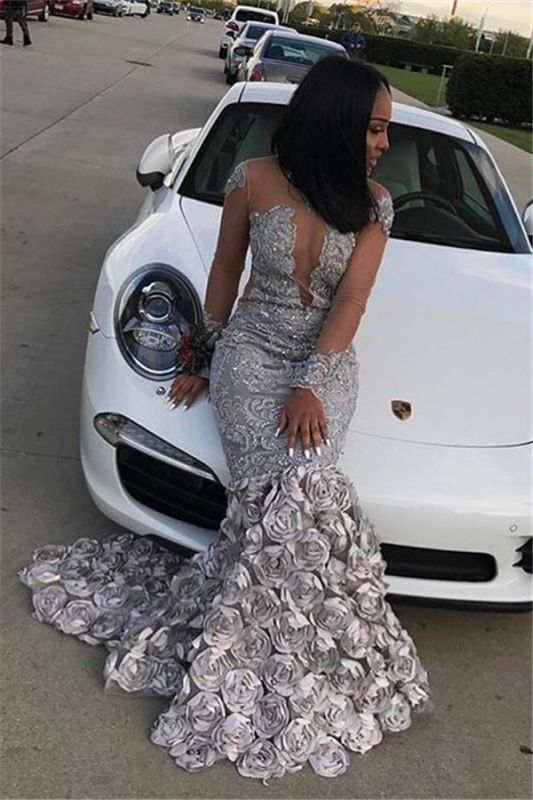 Long Sleeve Flowers Appliques Silver Long Mermaid Court Train Prom Dress