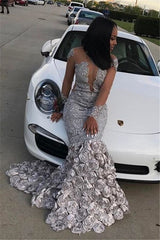 Long Sleeve Flowers Appliques Silver Long Mermaid Court Train Prom Dress