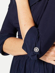 A-Line Mother of the Bride Dress Elegant V Neck Tea Length Polyester Half Sleeve with Buttons Ruching - RongMoon