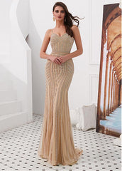 Tulle Spaghetti Straps Silver Mermaid Evening Dress With Rhinestones