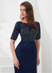 Tulle Bateau Navy Floor-length A-line Evening Dress
