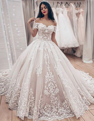 Tulle Appliques Ball Gown Off The Shoulder Puffy Princess Lace Wedding Dress