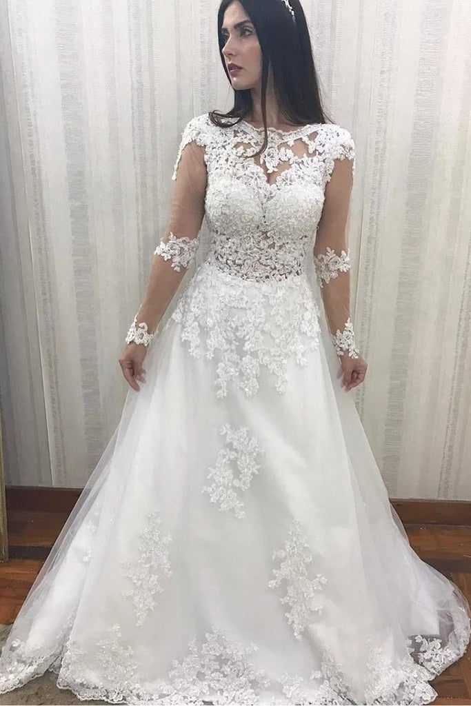 Appliques A Line Tulle Long Sleeve Sheer Back Wedding Dress
