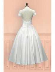 Sheer Back Satin Buttons Tea Length Cap Sleeves Wedding Dress
