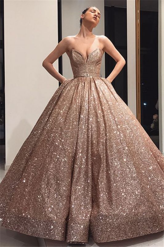 Sequin Ball Gown Strapless Gold Prom Dress With Belt