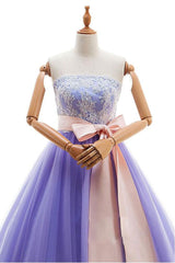 Appliques Long Purple Tulle Lace Prom Dress With Belt
