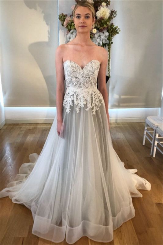 Open Back Gray Sweetheart See Through Lace Appliques Wedding Dress