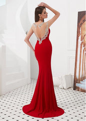 Tulle & Satin Jewel Red Beading Mermaid Evening Dress